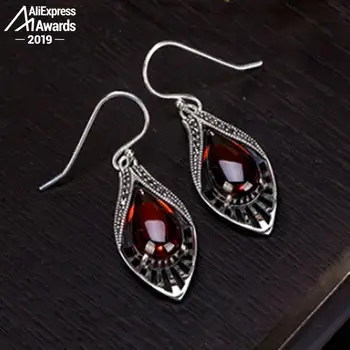 

S925 Fine Jewelry Ruby Drop Earrings Women shell dangle Handmade Vintage Natural Carnelian Retro Ruby red jasper