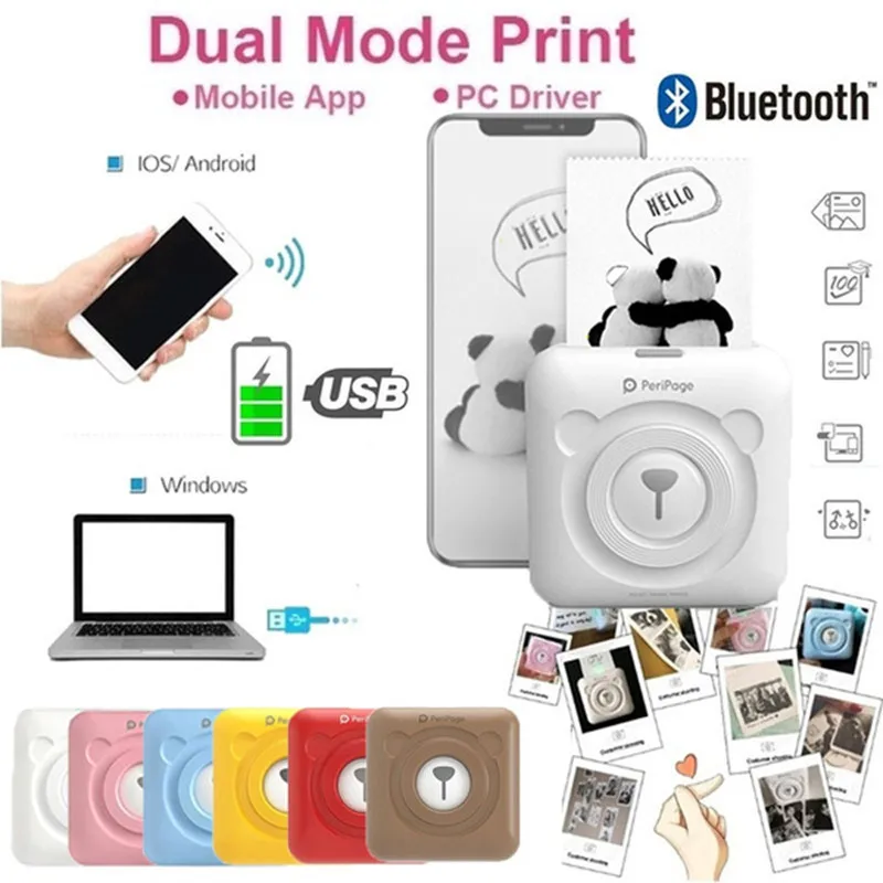 Миниатюрный портативный термопринтер с Bluetooth беспроводной карманный многофункциональный фотопринтер для