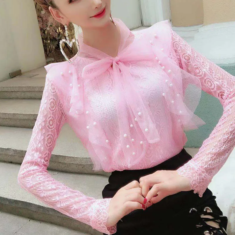 Spring Autumn Women Long Sleeve Blouse Tie Bow Hollow Out Lace Shirt Female Sweet Beading Mesh Blouses Short Bottom Tops AB1745 5