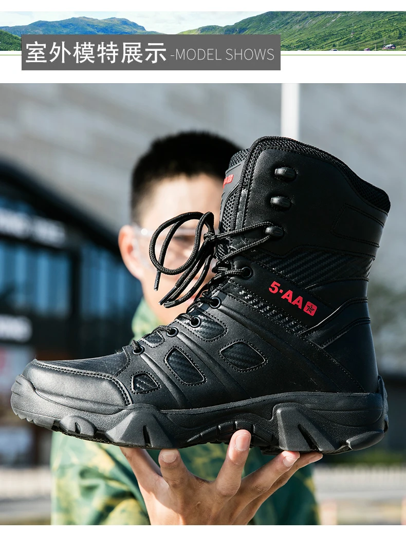 Boots Men Boots Leather Ankle Lace up Military boots Outdoor work Light fashion Moto Black Boots