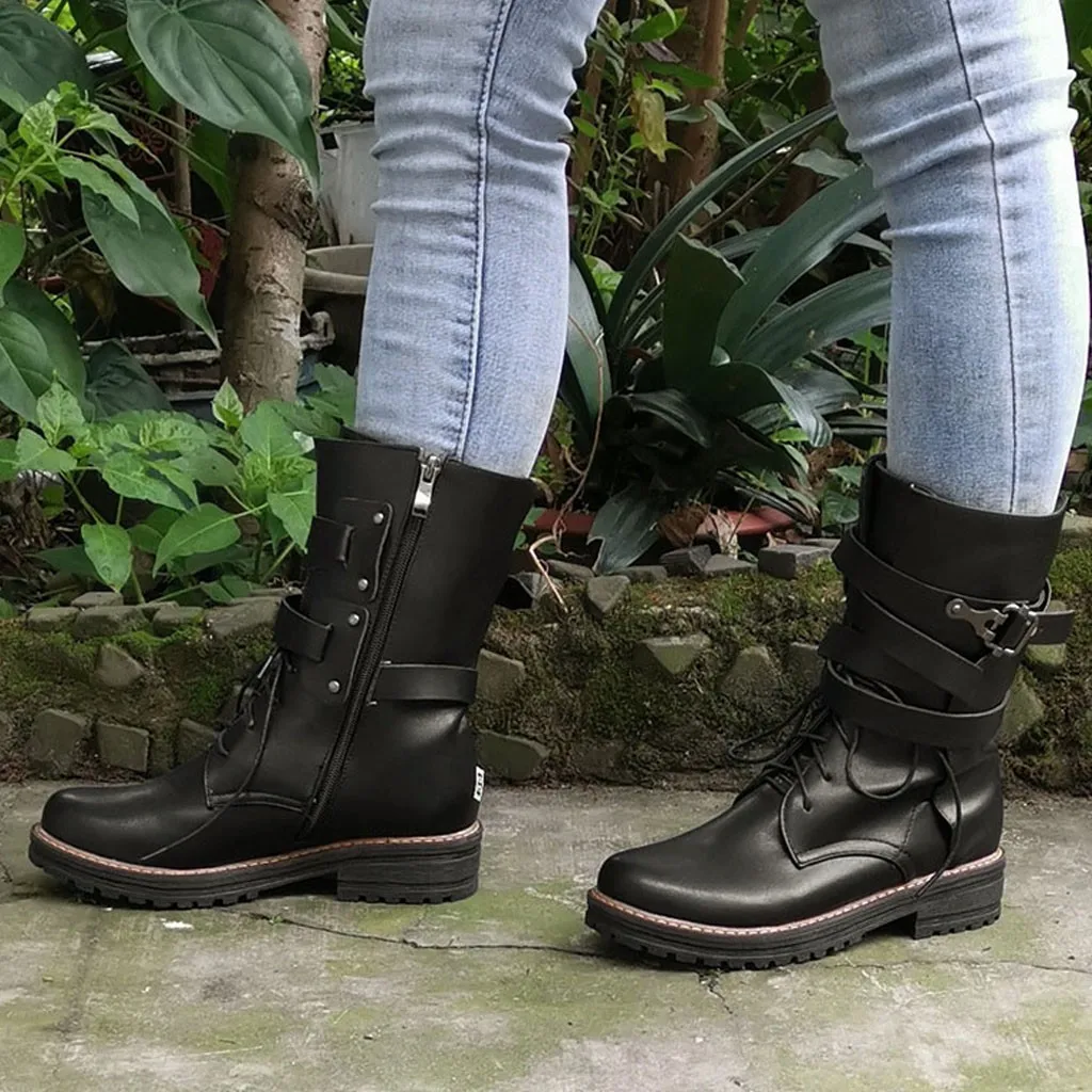 Fashion Women Warm Non-slip Boots Square Heels Buckle Strap Solid Color Mid Motorcycle Boots Round Toe Winter Keep Warm Shoes