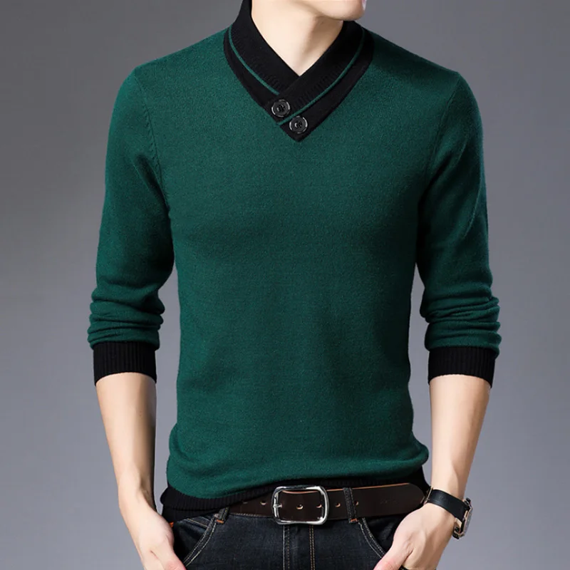 Autumn Winter V-neck Pullover Men Sweater Knitted Shirt Thick Cotton Warm Mens Robe Hombre For Male Sweater Knitted Shirt - Цвет: Зеленый