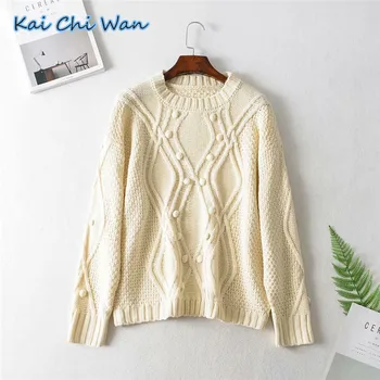 

Kai Chi Wan 2020 piece French retro Slouchy round neck handmade ball diamond loose Pullover