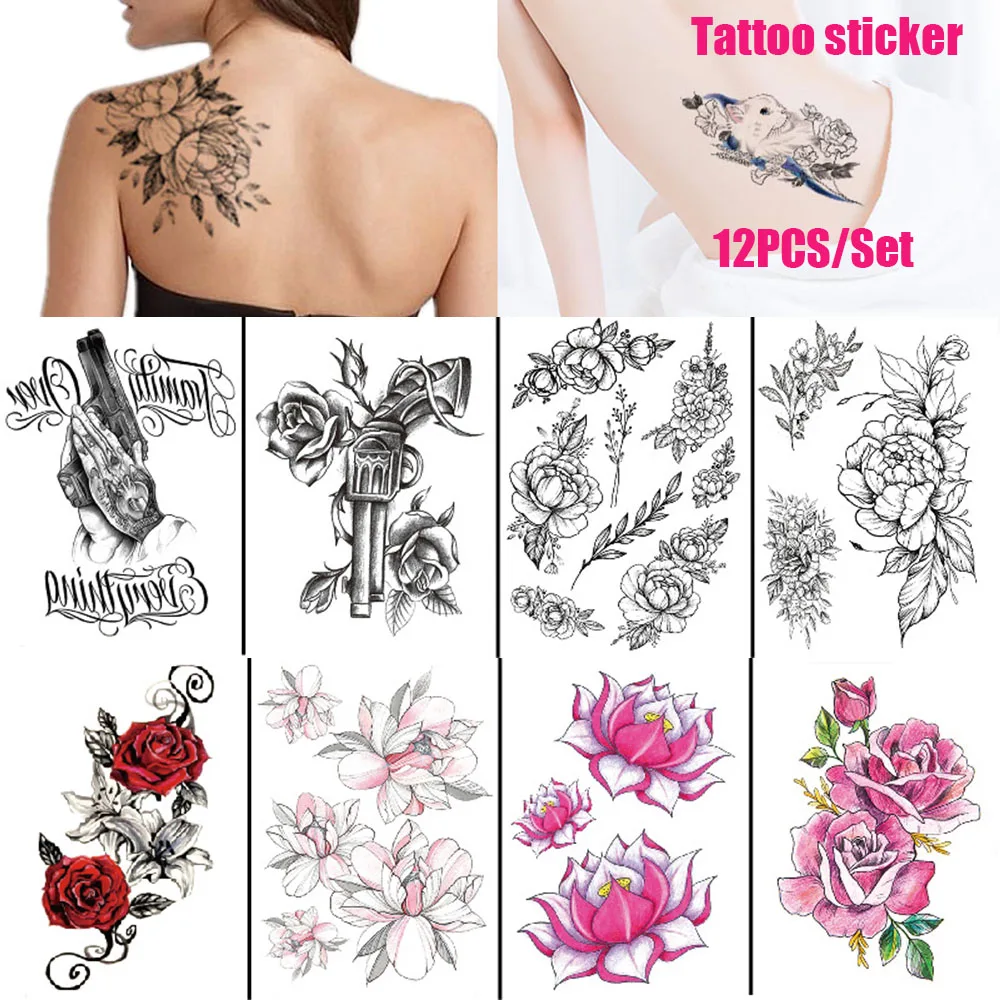 Temporary Tattoos 12PCS Flower For Women Shoulder Tattoo Sticker Fashion  Sexy Body Art Waterproof Arm Tatoo