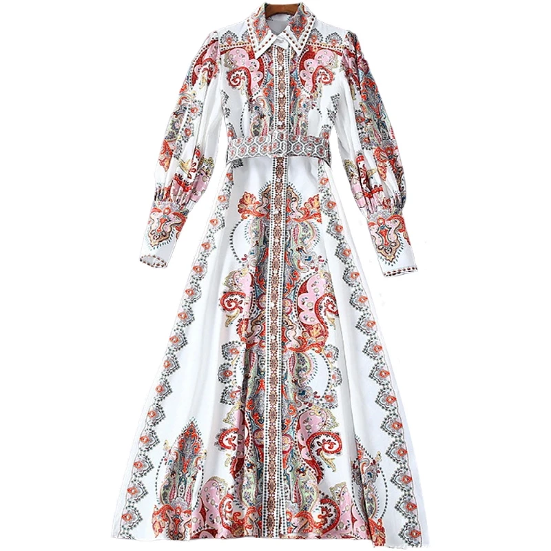 

Goodlishowsi 2019 High End Vintage Court Style Folk Women Maxi Dress Retro Totem Print A-Line Lapel Single Breasted Sashes Split