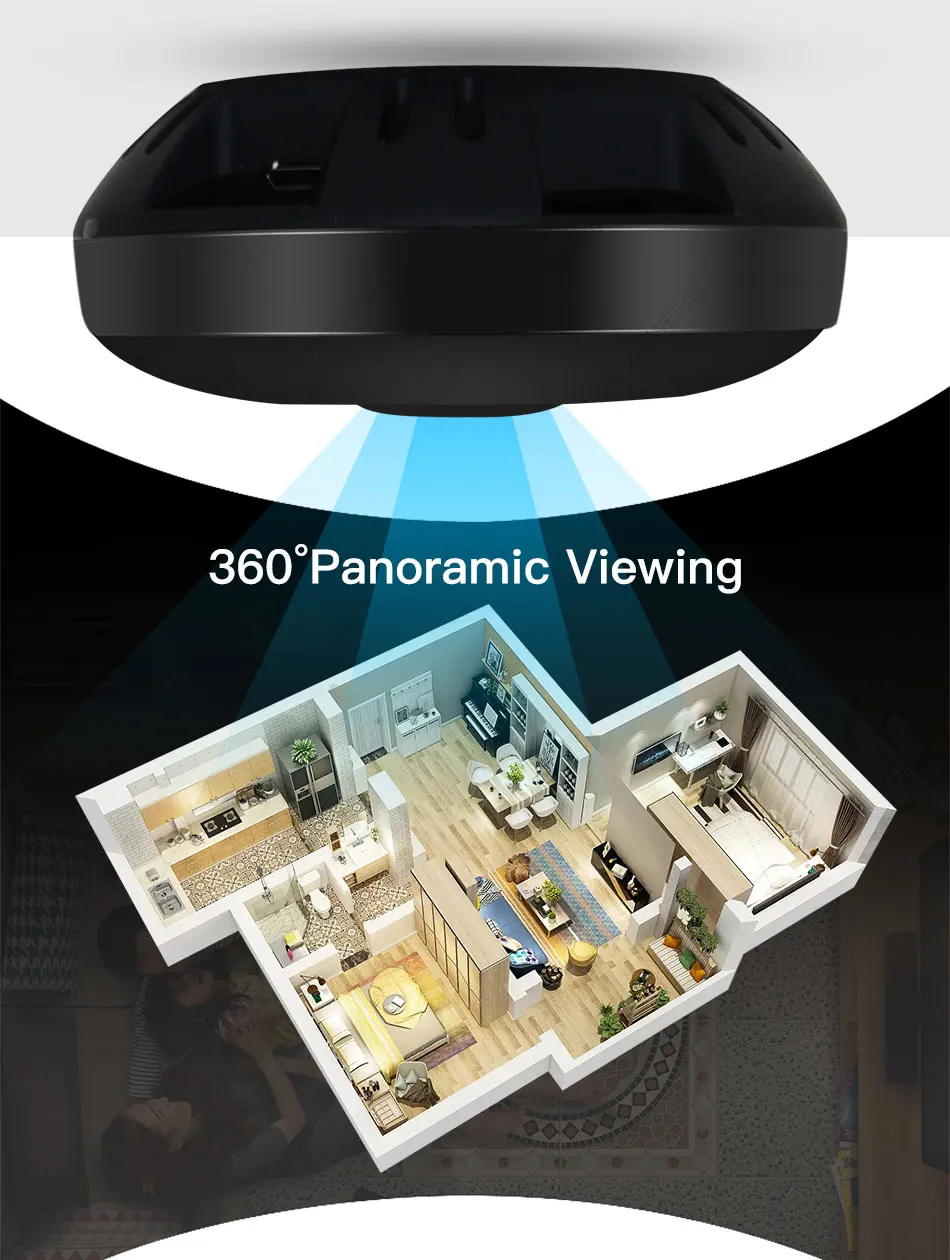 1.3MP/2.0MP Full view wifi 360 градусов двухстороннее аудио Панорамное 960 P/1080 P рыбий глаз Беспроводная интеллектуальная ip-камера V380 черный цвет