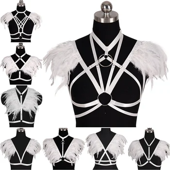 

Women Feather Harness Sexy Lingerie White Epaulet Wings Cage Bra Fetish Chest Belt Strap Goth Punk Adjust Plus Size Tops Rave