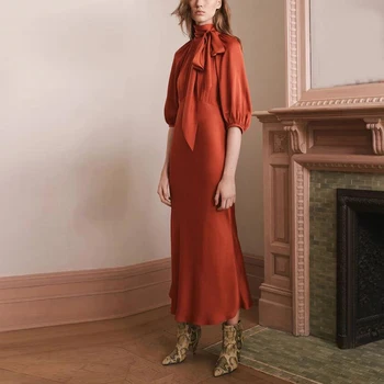 

Elegant Dress Women Summer 2020 New Arival Bow Tie Neck Short Sleeve Dresses Chic Runway Luxury Brand Office Ladies Work Wear