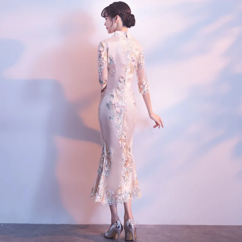 Современное китайское платье Qipao сексуальное Чонсам бежевые платья повседневные женские кружевные Традиционные вечерние платья Vestido восточные Свадебные
