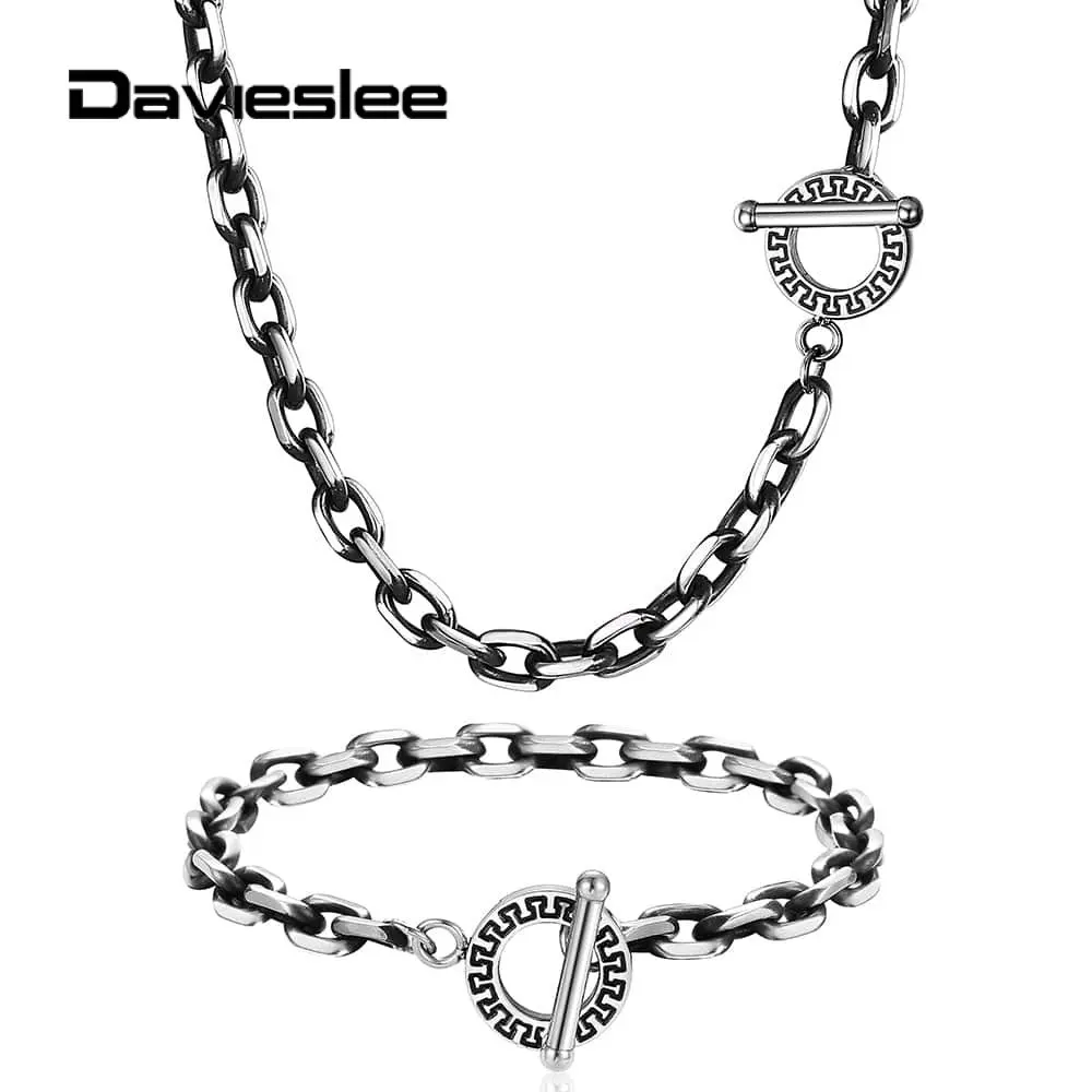 

6mm Necklace Bracelet Set Cut Cable Link Chain Simple Gunmetal Stainless Steel For Men Women Toggle Clasp Jewelry Set DTSS10