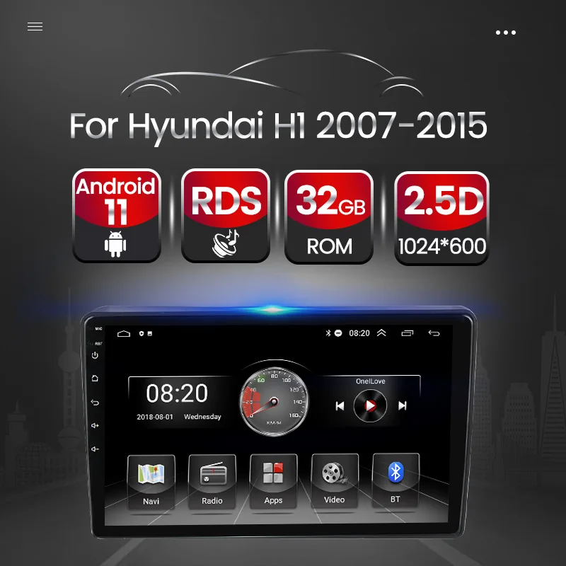 Автомагнитола для Hyundai мультимедийный видеоплеер на Android 11 с IPS-экраном HD 1024*600