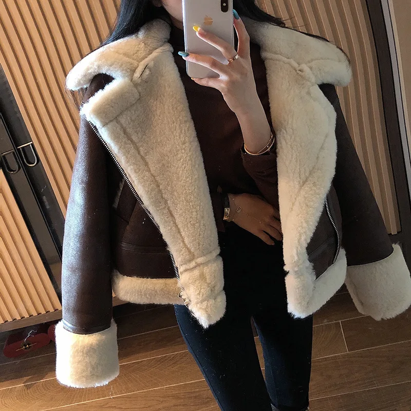2019 Winter High -Quality Jacket Female Suede Lamb Keep Warm Wool Coat Motorcycle Lapels Coat Female Thicker Jacket Women black
