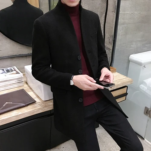 Зимний мужской повседневный Тренч с длинными рукавами, британский модный корейский дизайнерский однобортный шерстяной Блейзер с тонким воротником - Цвет: Черный