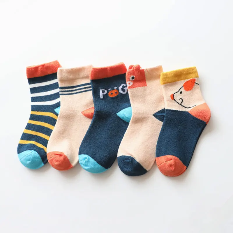 5 пар/лот, новые носки для малышей с героями мультфильмов, хлопковые носки, детские носки средней длины, осенне-зимние носки из чесаного хлопка для маленьких мальчиков и девочек - Цвет: Pig