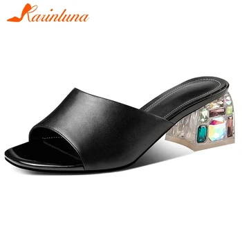 

Karinluna 2020 Dropship Fashion Genuine Leather Crystals Summer Sandal Skin Slippers Women Shoes Woman
