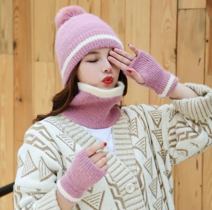 Light purple Комплект из 3 предметов, шапка, шарф, перчатки, женская вязаная шапка, меховая шерстяная вязаная Толстая вязаная кепка, зимняя шапка, Женская плюшевая шапка с помпоном Beani - Цвет: Light purple