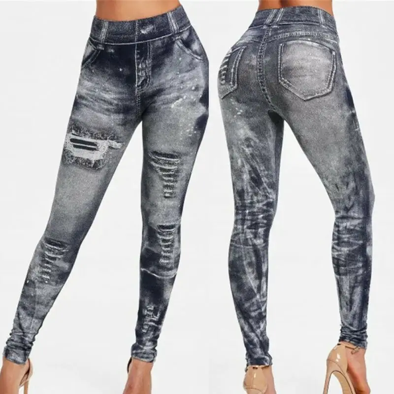 

Printing False Denim Trousers Women Stretchy High Waist Jeans Fake Hole Long Pencil Pants Skinny Leggings Blue Casual Sports