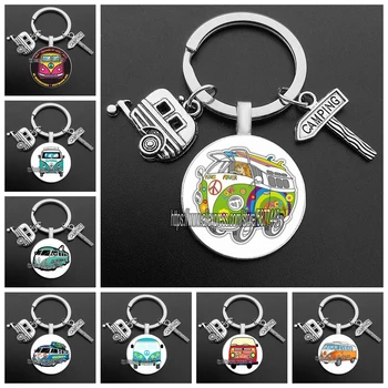 

New Cute Camper Wagon Keychain for Kid, I Love Camping Keychain, Trailer Signpost Key Ring Gift for Vocation Travel Memorial