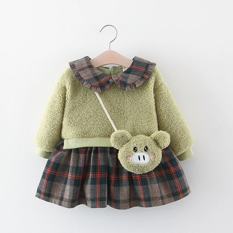 Autumn Winter Girls Fleece Dress Warm Kids Dresses Infant Toddler Dress Fashion Baby Girls Clothing - Цвет: Green