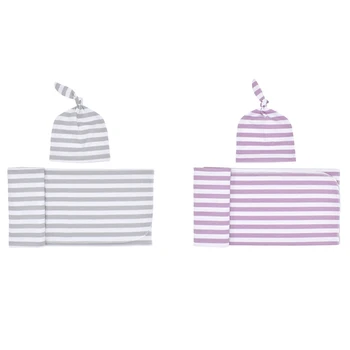 

2 Set Knitted Baby Swaddle Blanket with Hat Set, Newborn Swaddle Wrap, Receiving Blankets, Grey Stripe & Purple Stripe