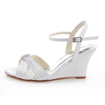 

Satin Pleated White Prom Evening Wedges Summer Wedding Pumps