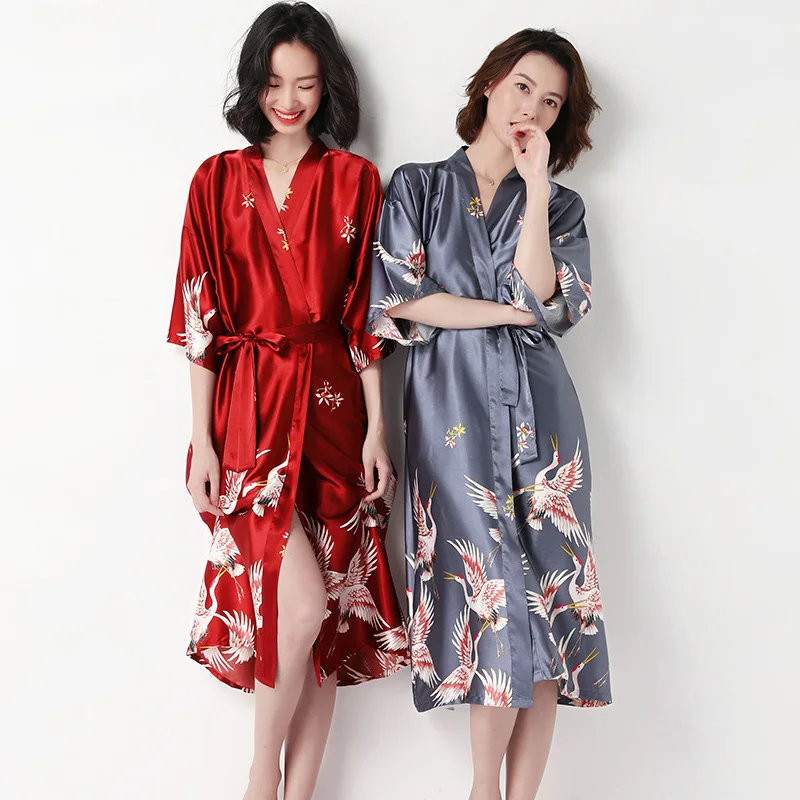 

Silky Wedding Robes Kimono Women'S Summer Long Bridal Dressing Gown Bridesmaid Red Nightdress Nightgown Sleepwear Home Service