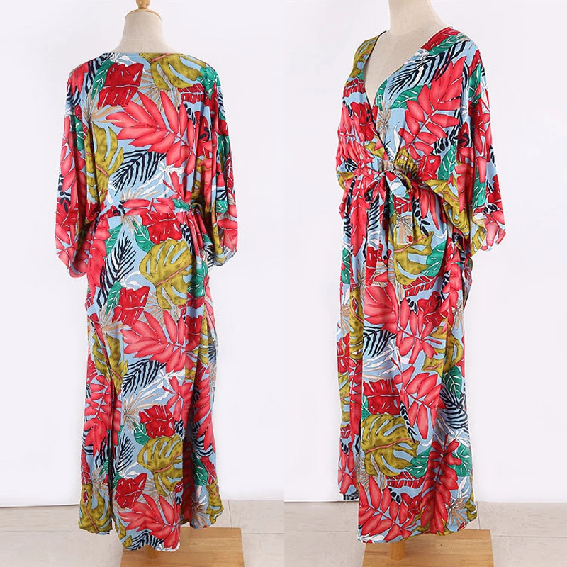 Brazilian Print Chiffon Robe Kaftan Beach Cover Up Swimsuit Long Sleeve Swimwear Women Bathing Suit Ladies Sarong Beachwear