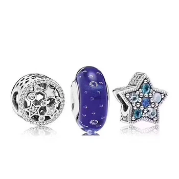 

NEW 100% 925 Sterling Silver Stars Winter Snowflake Charm Beaded Bubbles Glass Bead Set Noble Eternal Charming Luxury Gift