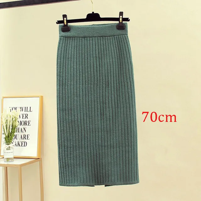 Dark green 70cm Женская облегающая элегантная юбка-карандаш миди с разрезом сзади на осень и зиму, повседневная трикотажная юбка с высокой талией, женские юбки s Jupe Femme Faldas - Цвет: Dark green 70cm