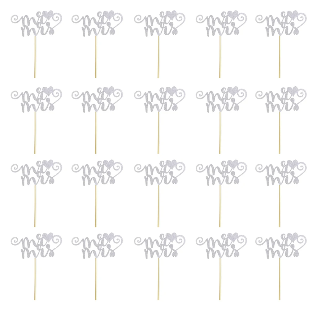 20pcs/set Glitter Paper Wedding Mr & Mrs Heart Cake Cupcake Topper Pick Decor Gold/Silver