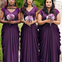 Plus Size Dark Purple Bridesmaid Dresses Cap Sleeves V Neck Ruffles vestidos 2021 Wedding Party Gowns Custom Made