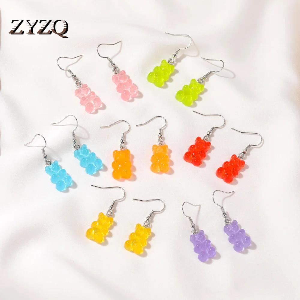 ZYZQ Sweet Candy Color Bear Earrings For Women Cartoon Resin Animal Children's Day Gifts Jewelry Accessories | Украшения и