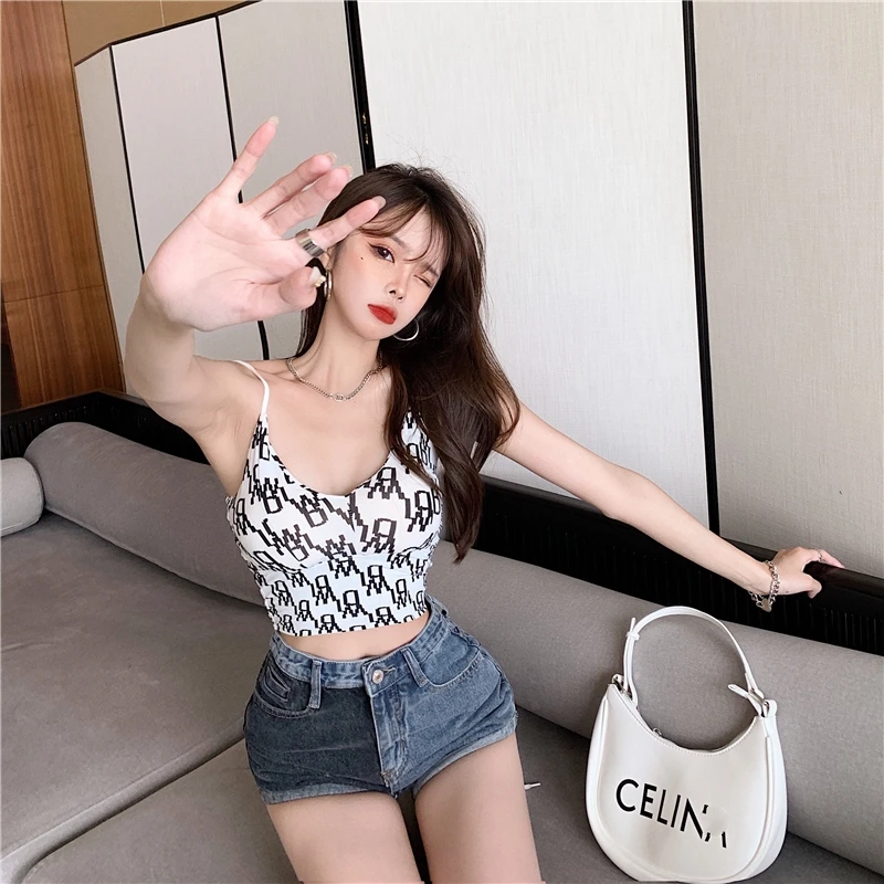 Casual Letter Print Sling Ice Silk Comfortable Belt Chest Pad Wrapped Chest, Summer Cropped Sleeveless Cop Top cotton camisole