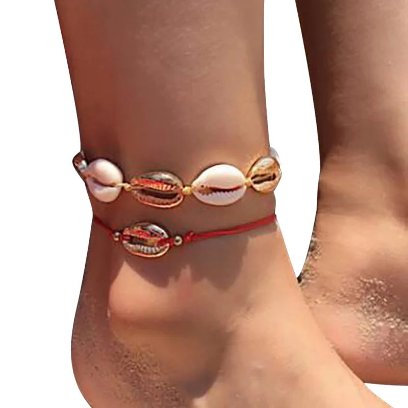 2Pcs/Set Bohemian Handmade Shell Ankle Bracelets Set Foot Jewelry Red Rope Anklets Accessories Delicate - Окраска металла: A