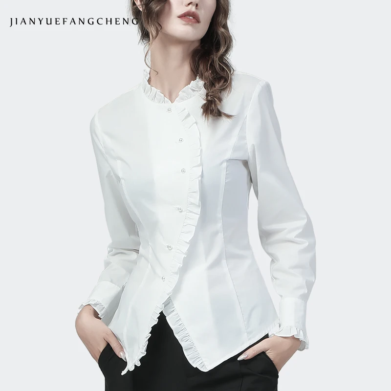 

Elegant Women White Cotton Blouse Long Sleeve Fungus Edge Chic Button-Down Tunic Shirt New 2021 Autumn Top Ladies Dress Shirt