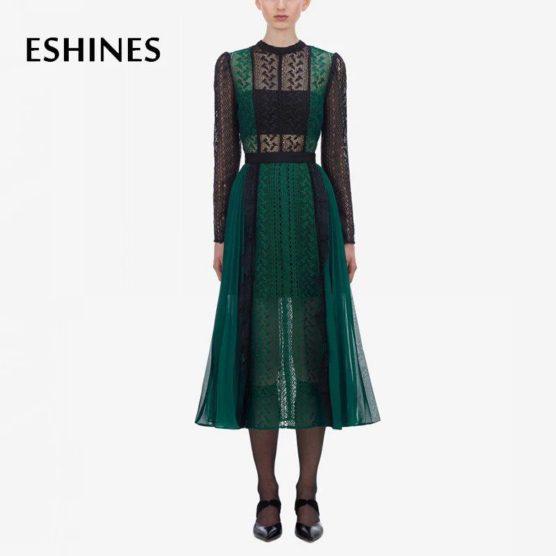 

ESHINES Autumn Vintage Green Hollow Out Midi Dress Sexy See Through Lace Patchwork Chiffon Pleated Dress Self Portrait Dress