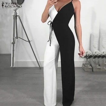 

2020 Summer Fashion Spaghetti Strap Jumpsuits ZANZEA Sexy Sleeveless Rompers Women Patchwork Long Playsuits Overalls Bodysuits