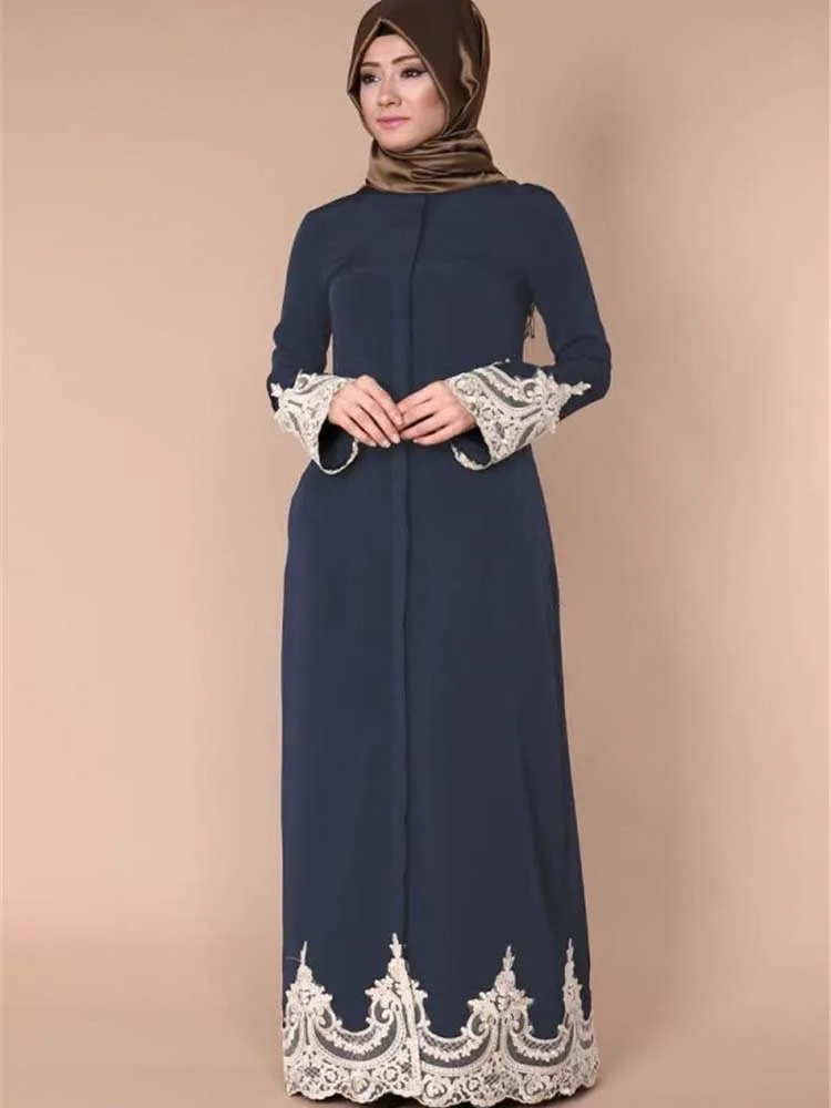 dark blue Абая мусульманское летнее платье с вышивкой, кружевное платье с длинным рукавом, Ropa Musulman Mujer jilbabe, исламское платье с цветочным рисунком, Турецкая Абая для женщин - Цвет: dark blue