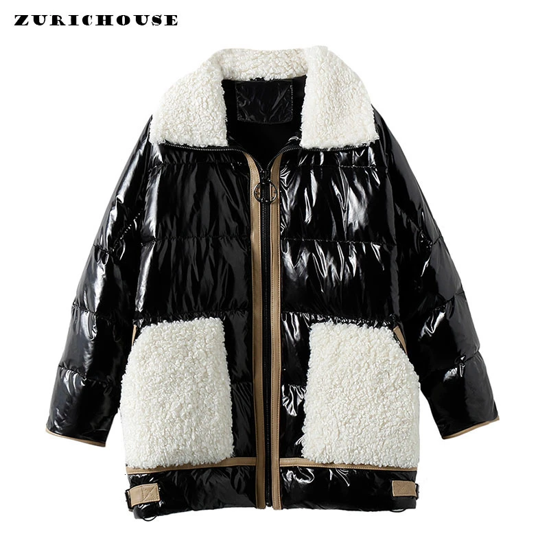 

ZURICHOUSE 2020 Winter Coat Woman Long Fashion Faux Lambwool Down Parka Warm Loose Glossy Patent Leather Duck Down Jacket