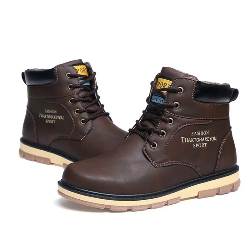 Men Outdoor Warm Ankle Boots Men PU Leather Plush Snow Boots Autumn Winter Non-slip Boots Plus Velvet Boots for Daily New