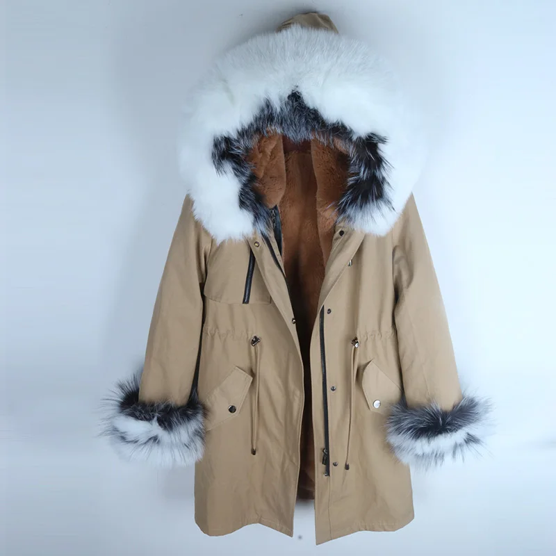 20 dark khaki coat Длинная теплая верхняя одежда, пальто с воротником из натурального Лисьего меха, толстая подкладка из искусственного меха, парка из натурального меха, женская зимняя куртка, пальто - Цвет: 20 dark khaki coat