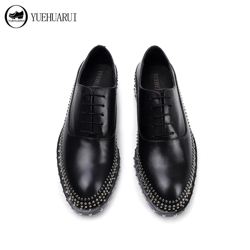 Туфли дерби мужские с заклепками натуральная кожа низкий верх на шнуровке модные