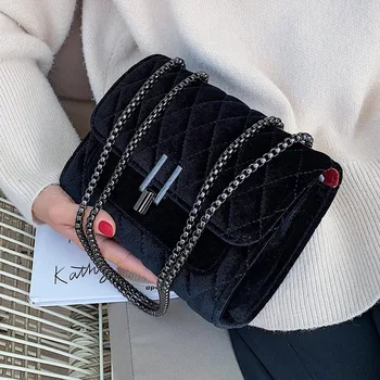 

High Quality Fashion All-match Rhombus Chain Bag Fashion Velvet Bag Shoulder Small Bag Female2020New Korean Ladies Messenger Bag