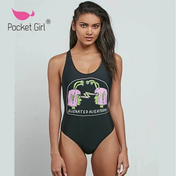 

Pocket Girl 2020 Women One Piece Swimsuit Female Black Backless Printed Brazilian Monokini Cross Bathing Suit Swimwear Trikini