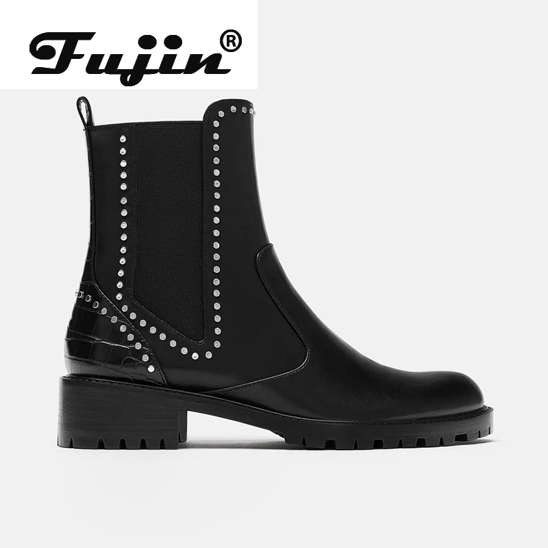 Fujin/модные ботинки из натуральной кожи; женские слипоны из натуральной кожи; низкие Туфли-лодочки на квадратном каблуке; кожаные ботинки «Челси» без застежки