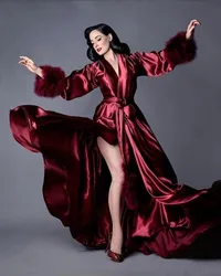 Silk Nightgown Long Sleeved Fur Party Celebrity Dress Pajamas Nightgown Robe Bridal Party Dress платье вечернее فساتين السهرة