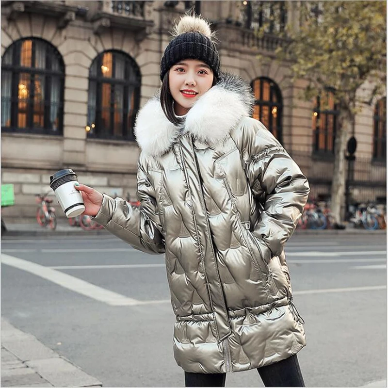 

New Glossy down cotton women's winter jacket Slim padded big fur collar coat windproof fashion elegant female hooded jacket