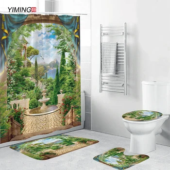 

YIMING 180x180 Arched Stone Door Landscape Shower Curtain Set Anti-slip Carpet Floor Mat Toilet Cover Mat Lin Shower Curtain Set