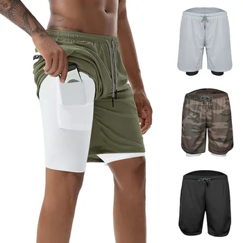 

Gym Print Shorts Men 2 in 1 Running fitness drawstring Shorts Security Pockets Shorts Quick Drying Sportswear