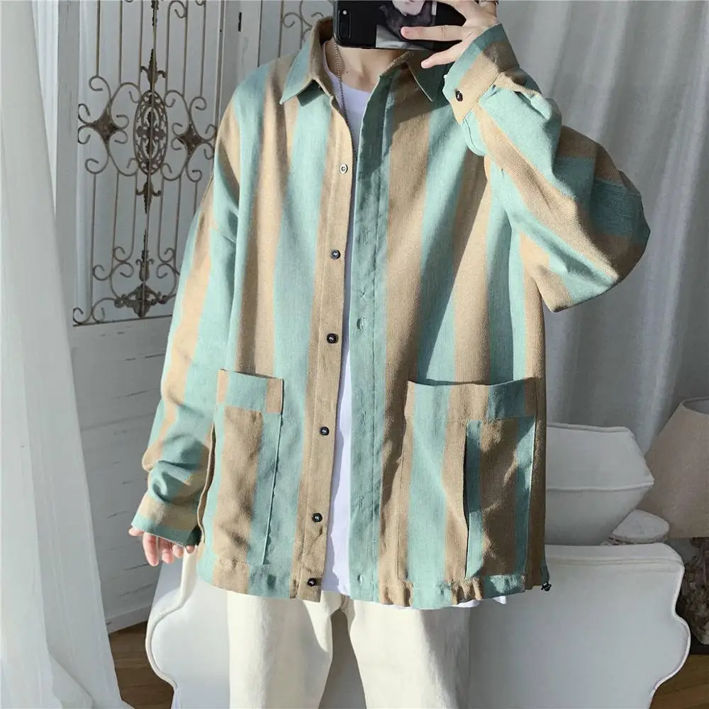 Casual Mens Blouses Japan Harajuku Shirts New Striped Long Sleeve Shirt